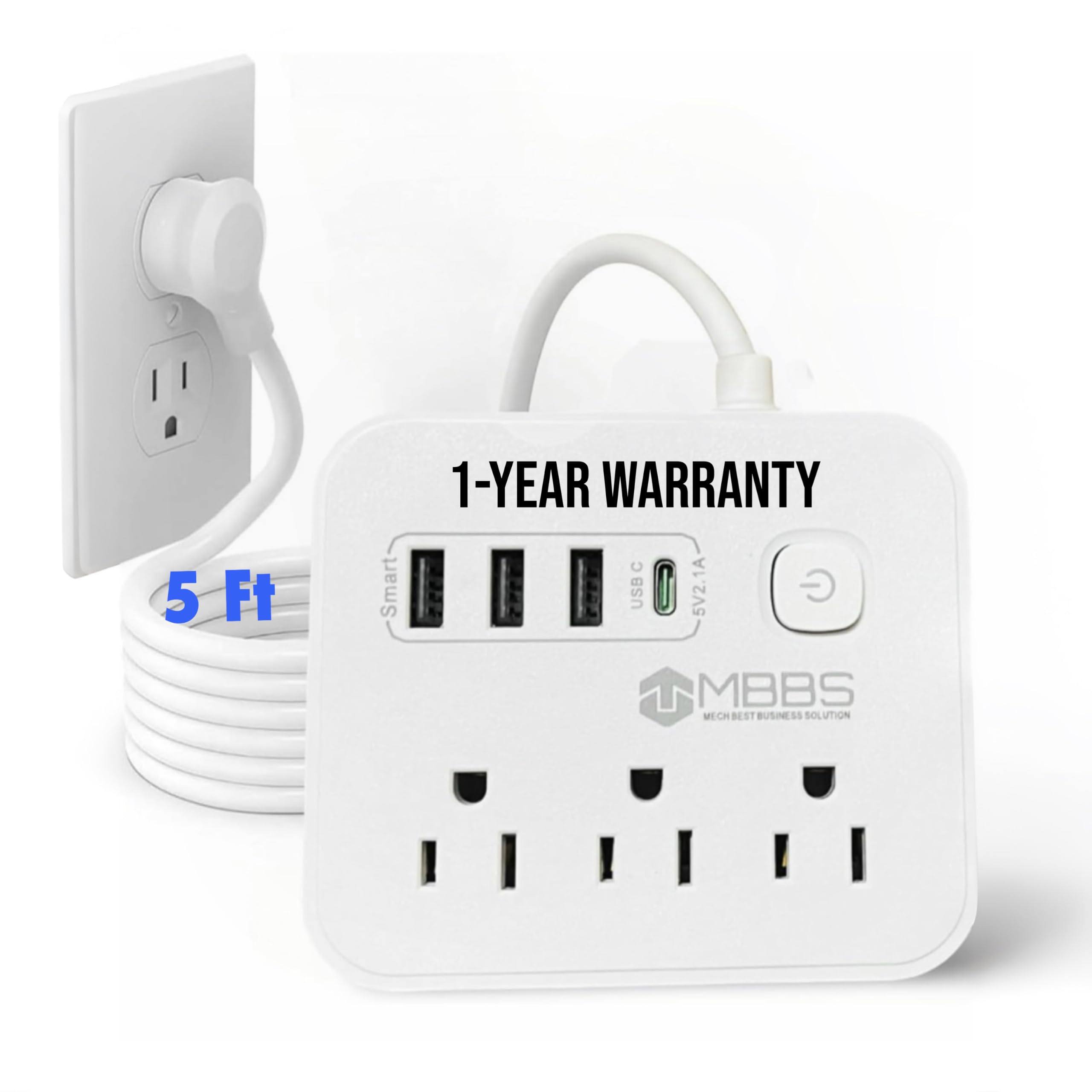 Tira de alimentación de protección contra sobretensiones con USB C, protección 1200J, cable de extensión resistente de 5 pies (7 en 1) 3 salidas de CA, 4 puertos USB, interruptor de encendido/apagado