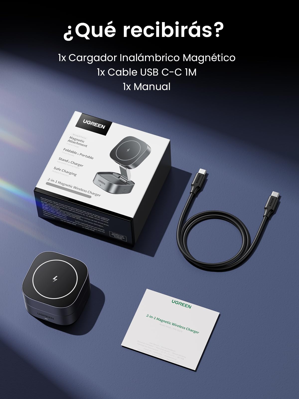 UGREEN MagFlow Cargador Inalámbrico 2 en 1, Estación de Carga Magnética, Compatible con iPhone 17 Pro MAX Air/16/15/14/13/12 Series, AirPods Pro 2/3