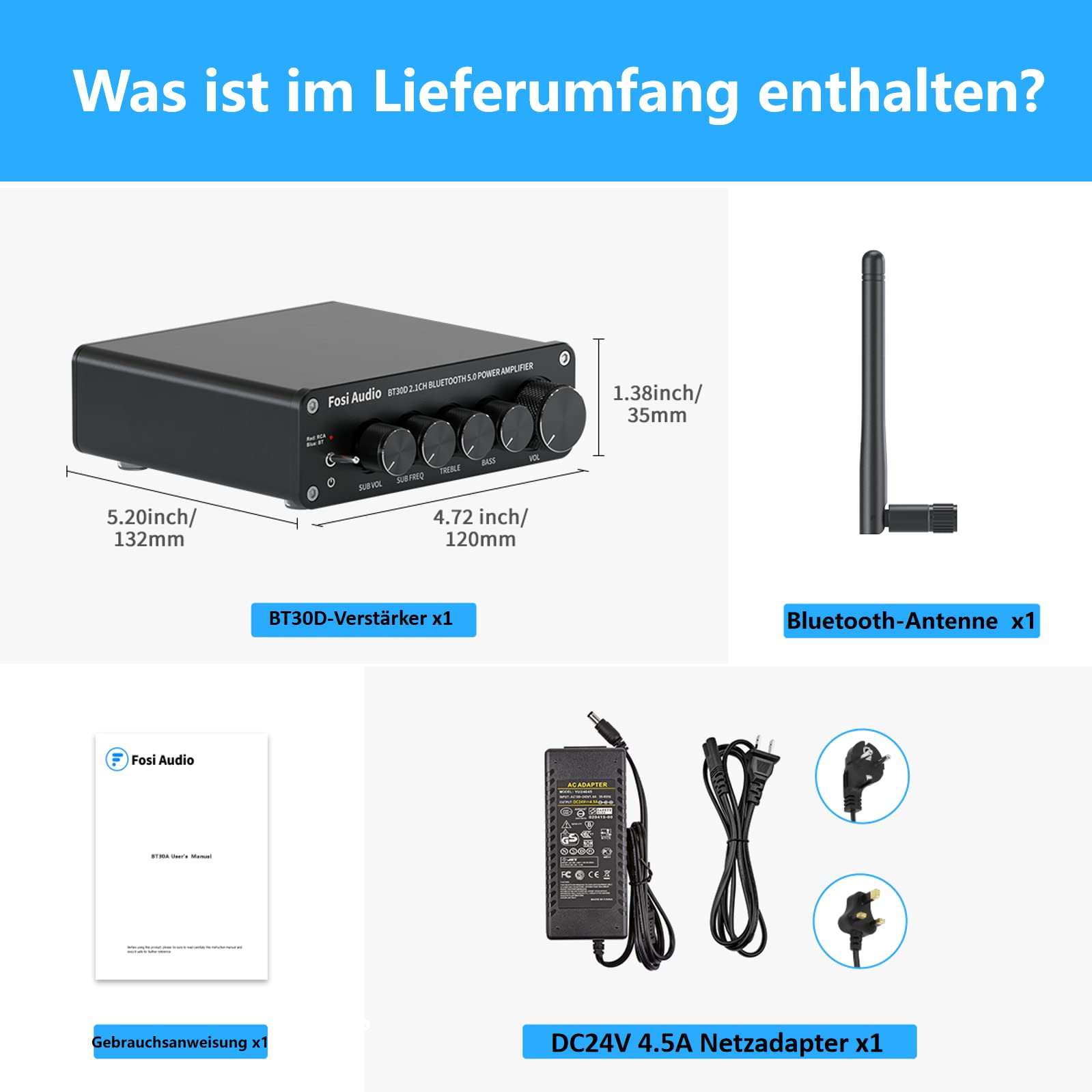 Fosi Audio BT30D Bluetooth 5.0 Stereo Audio Receiver Verstärker 2.1-Kanal Mini Hi-Fi Verstärker der Klasse D mit 50 Watt x2+100 Watt für Heim Außen Passiv Lautsprecher/Subwoofer Aktiv Subwoofer