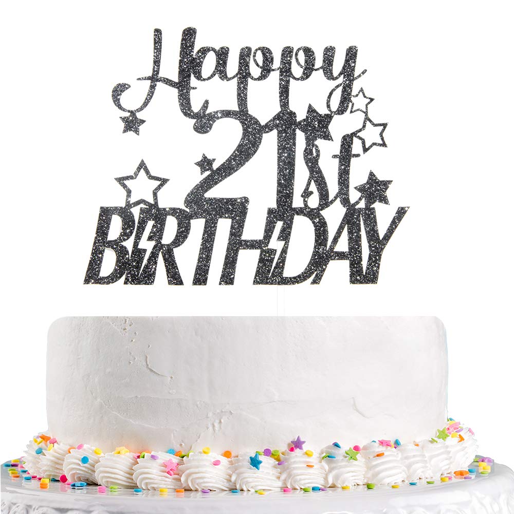 Glitter Happy 21st Birthday Cake Topper for Twenty One Birthday Anniversary Hello 21 Party Decoration Supplies (Black)