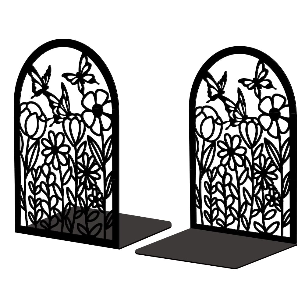 Serre-livres en métal Peacoblue fleurs, paire de supports noirs pour étagère de bureau