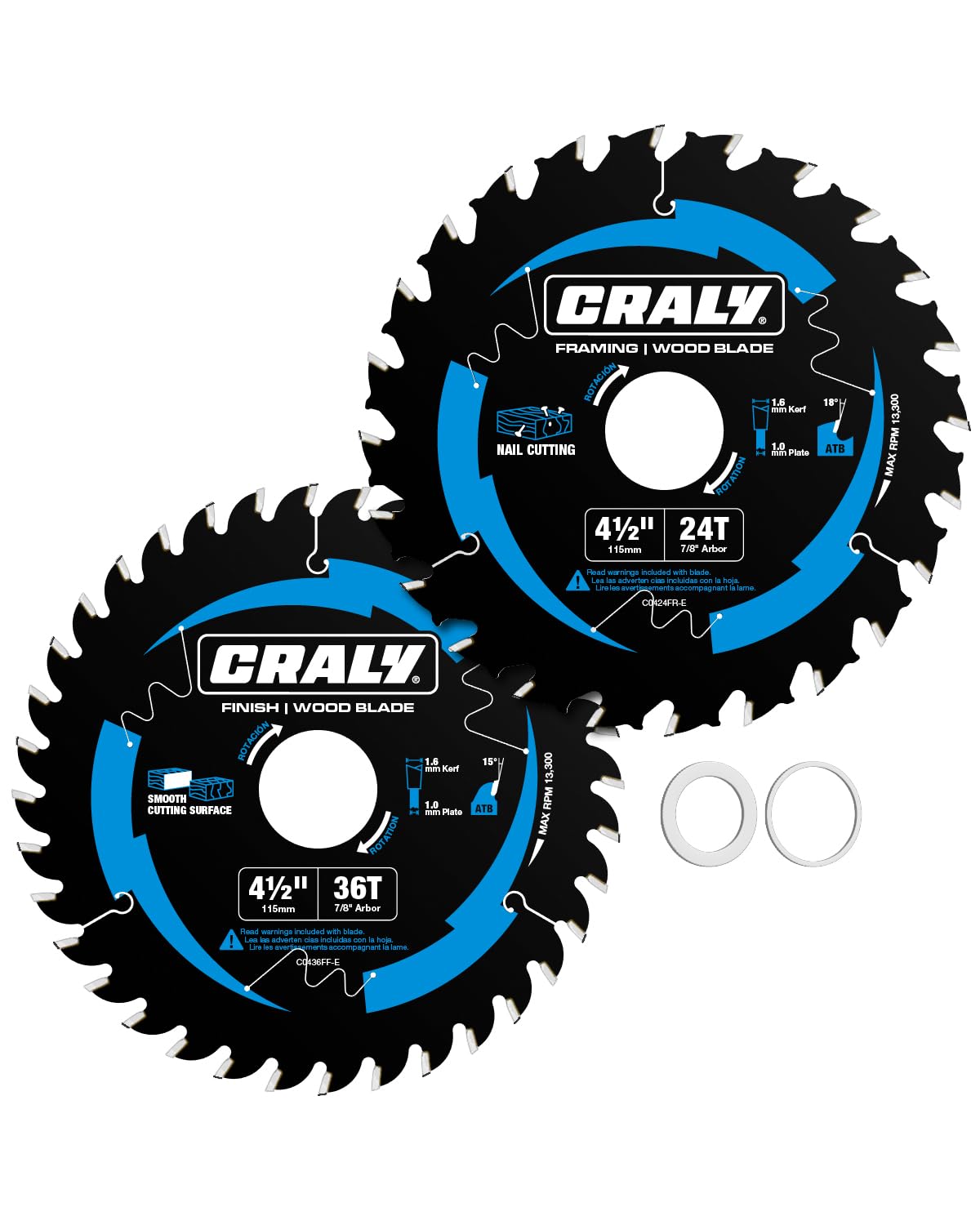 CRALY 4-1/2 Inch 24&36 Teeth Wood Cutting Framing/Fine Finish Circular Saw Blade, 7/8 Inch Arbor, Carbide Tipped, Thin Kerf, Black Ice™, for Plywood,