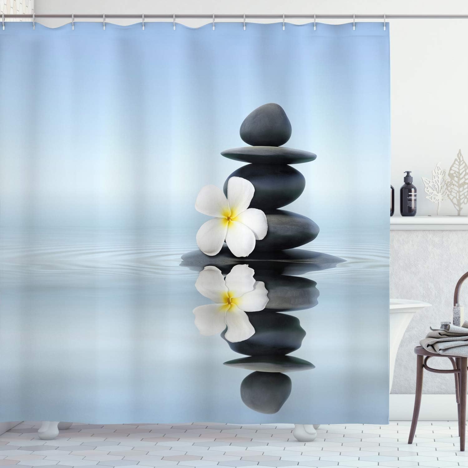 Ambesonne Spa Shower Curtain, Hot Massage Stones with Frangipani Plumera Reflection on The Waters, Cloth Fabric Bathroom Decor Set with Hooks, 69" W x 75" L, Pale Blue and Grey