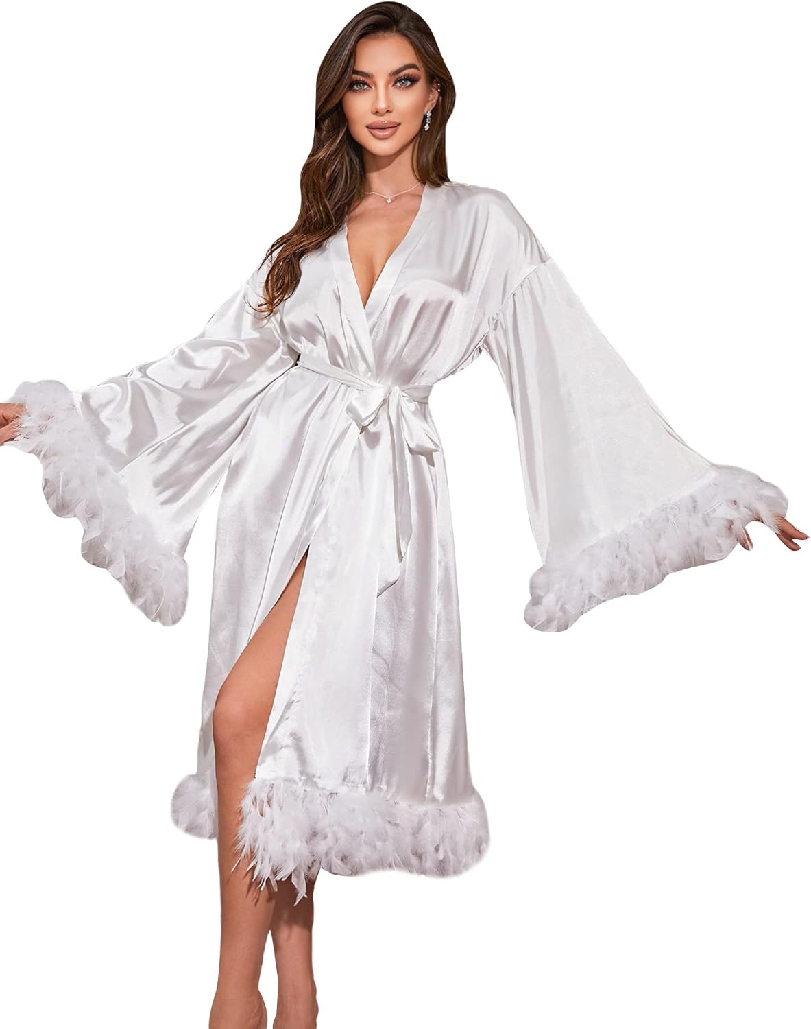 WDIRARA Women's Long Sleeve Satin Fuzzy Trim Bridesmaid Robe