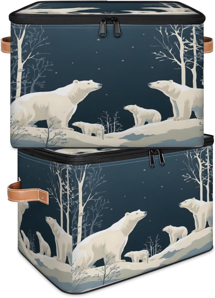 Storage Bin Set of 2 Snow Bear Storage Basket with Zipper Lid & Handle Foldable Closet Shelf 2 Pack Cloth Organizer Basket Cube Bins Clothes Organizer for Bedroom, Nursery