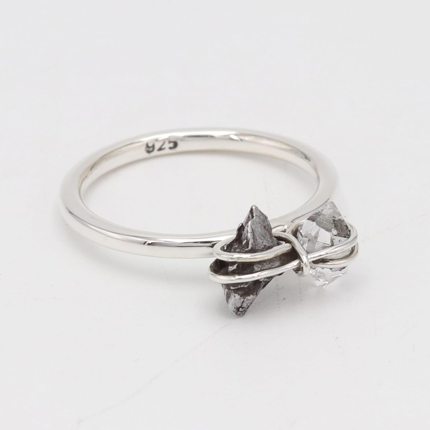 Meteorite & Herkimer Diamond Ring – Raw Rough Stone Double Gemstone Ring – 925 Sterling Silver Women’s Statement Ring – Handmade Raw Crystal Jewelry