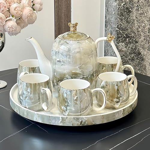 yakedoworks 北欧風 シェル調 陶磁器 ティーセット 7点セット(ティーポット1300ml+マグカップ270ml×6+回転トレイ) 珍珠白/大理石模様 高級 おしゃれ 来客用 ギフト対応 (マーブルグレー)