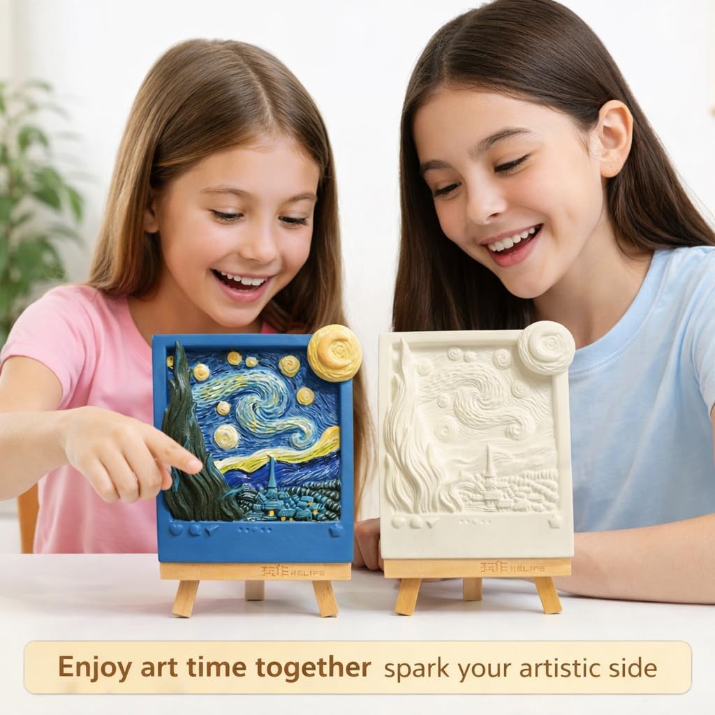 Dumblings 3D Painting Kit – DIY Coloring with Acrylic Paints & Brushes, Relaxing Mindful Craft for Home Decor or Fridge Magnet, Gift for Kids & Adults (3D Painting kit - Starry Night)