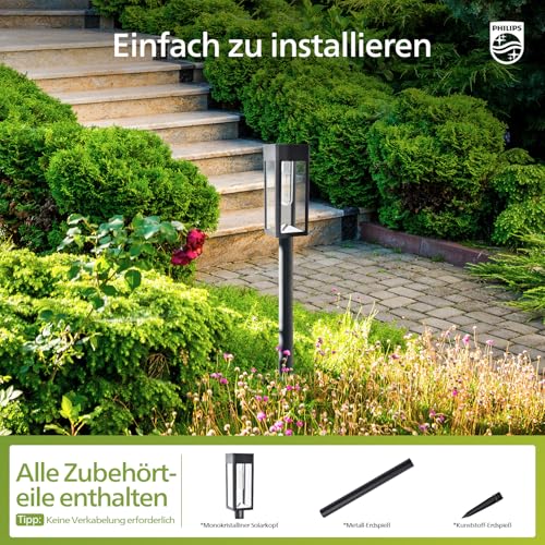 Philips 8 Stück Solarlampen für Außen Garten, 3000K Warmweiß Solar Gartenleuchten, Wasserdicht Außenbeleuchtung Wegeleuchte Deko für Hof, Weg, Terrasse, Rasen