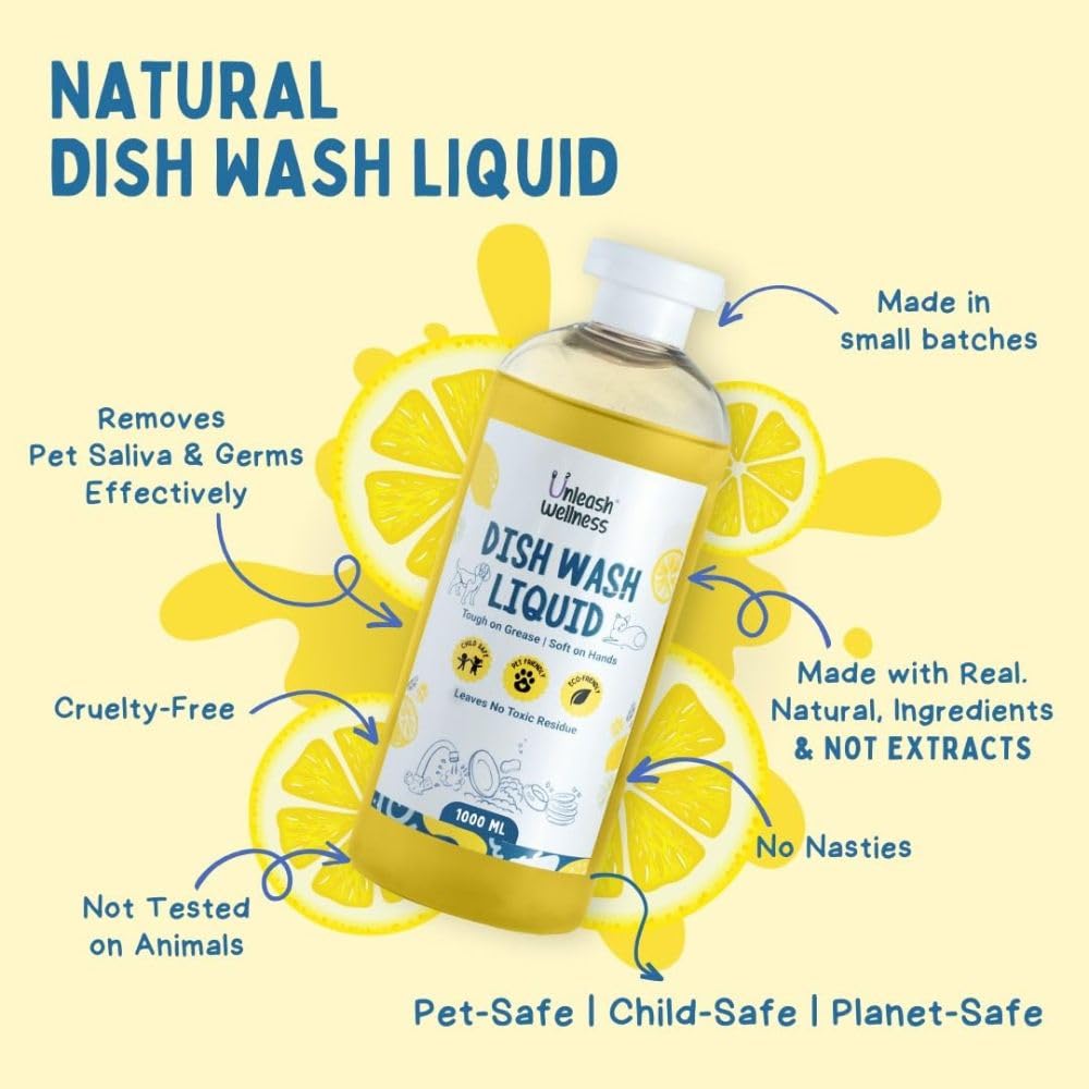 Unleash Wellness® Dish Wash Liquid 1000ML with Lemon and Lemongrass Fragrance, Safe for Babies & Pets, Removes Tough Grease, Gentle on Hands, Biodegradable Cleaner for Bottles, Dishes & Feeding Items 2
