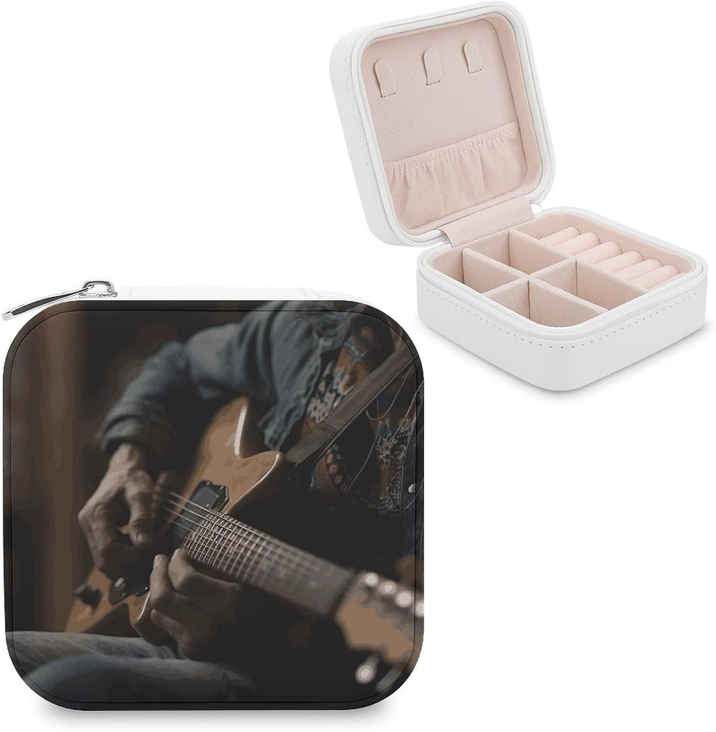 Guitar Player Jewelry Box with Zipper Exquisite Leather Jewelry Organizer Storage Case Portable Jewelry Storage Box Mini Travel Jewelry Case Trinket Organizer for Women