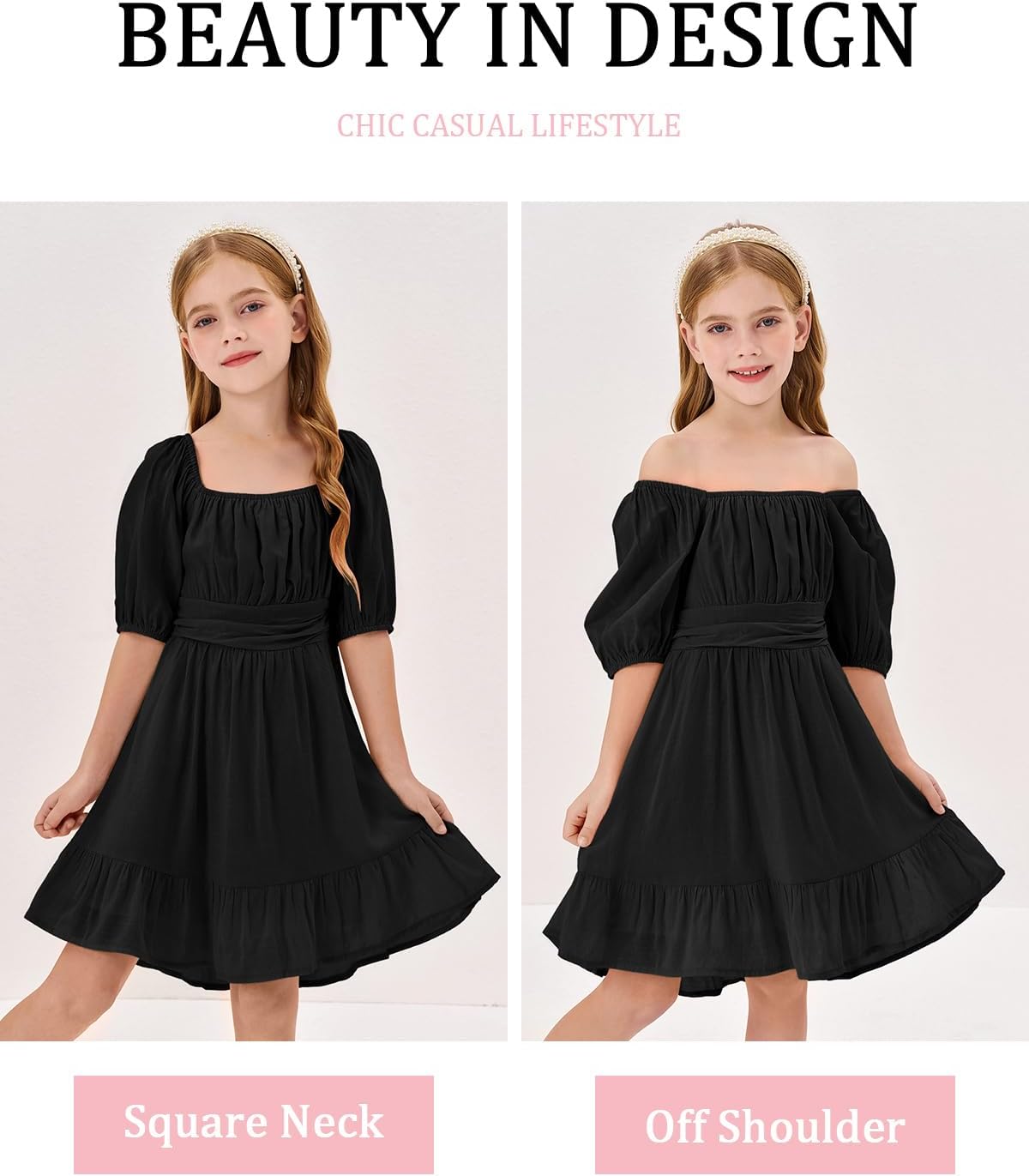 Girls Summer Dresses Square Neck Lantern Sleeve Tie Backless Ruffle A-Line Party Mini Dress - Image 4