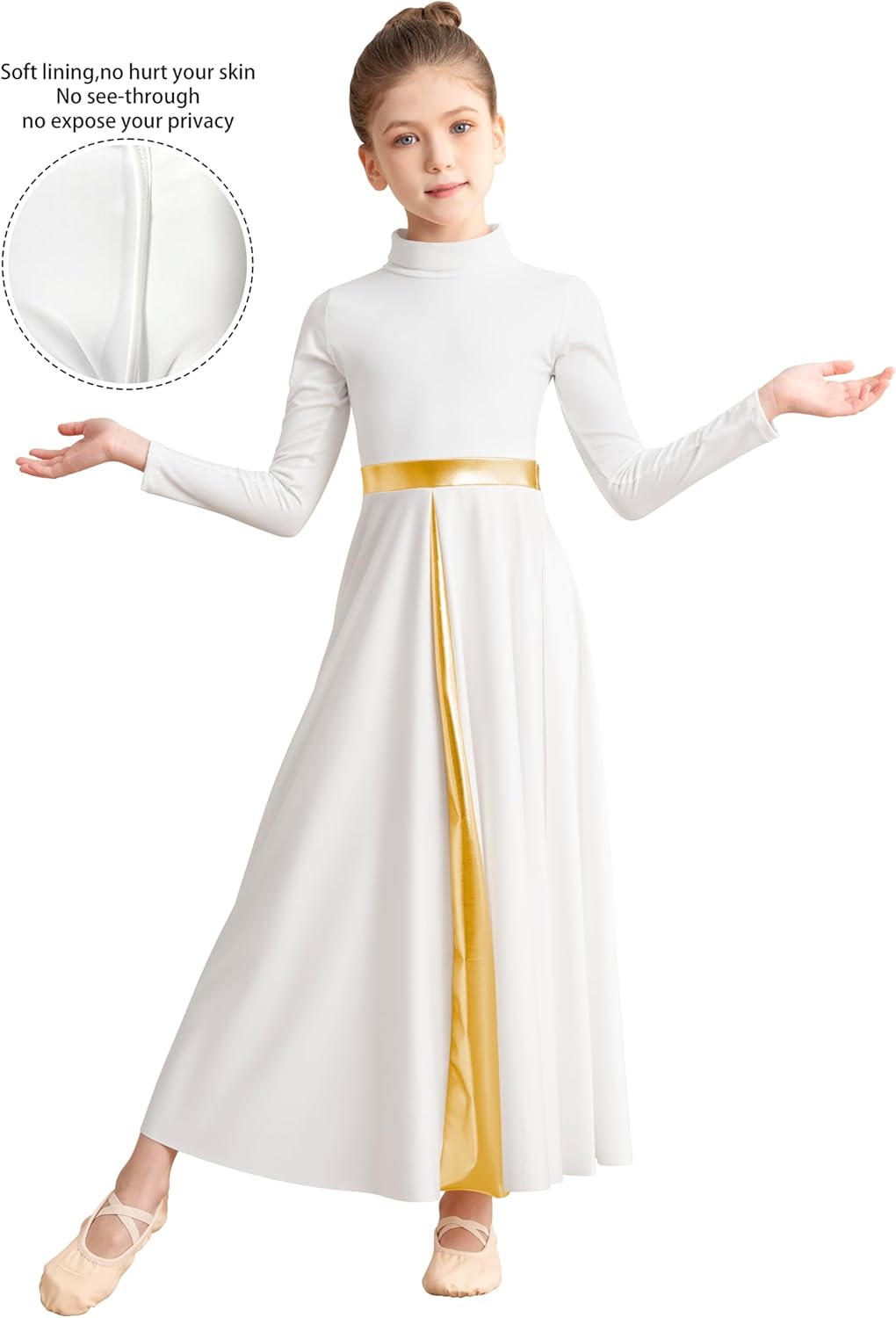 Girls High Neck Praise Dance Dress Loose Fit Full Length Long Sleeve Liturgical Dance Dress - Image 2