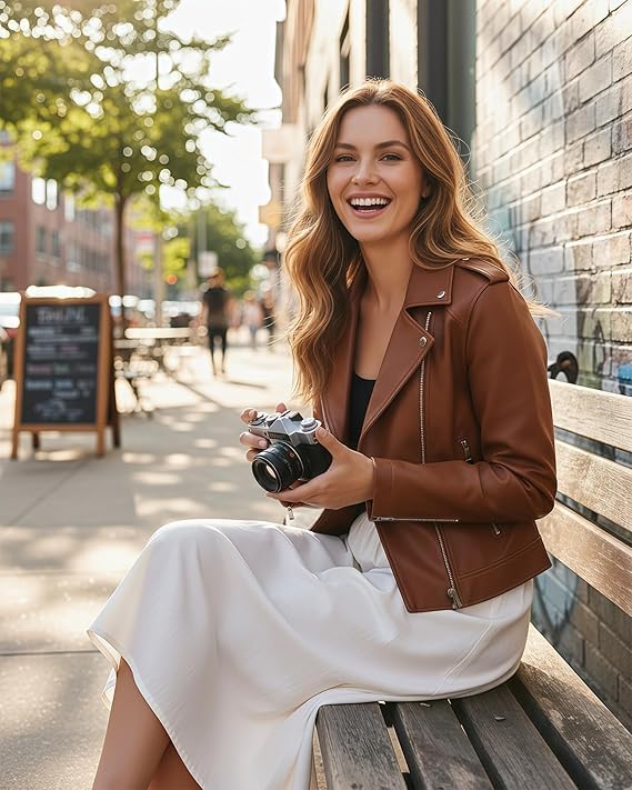 Image of Women Biker Faux Leather Jacket Vintage Casual Outfit