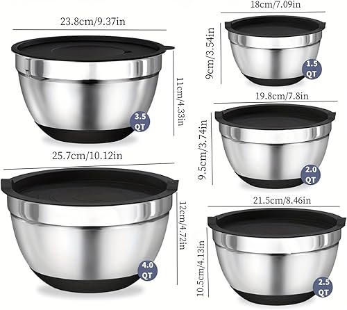 Miniatura 6 de 8 cuencos para mezclar con tapas herméticas, juego de cuencos de acero inoxidable, fondo antideslizante, cocina negra, hornear y servir