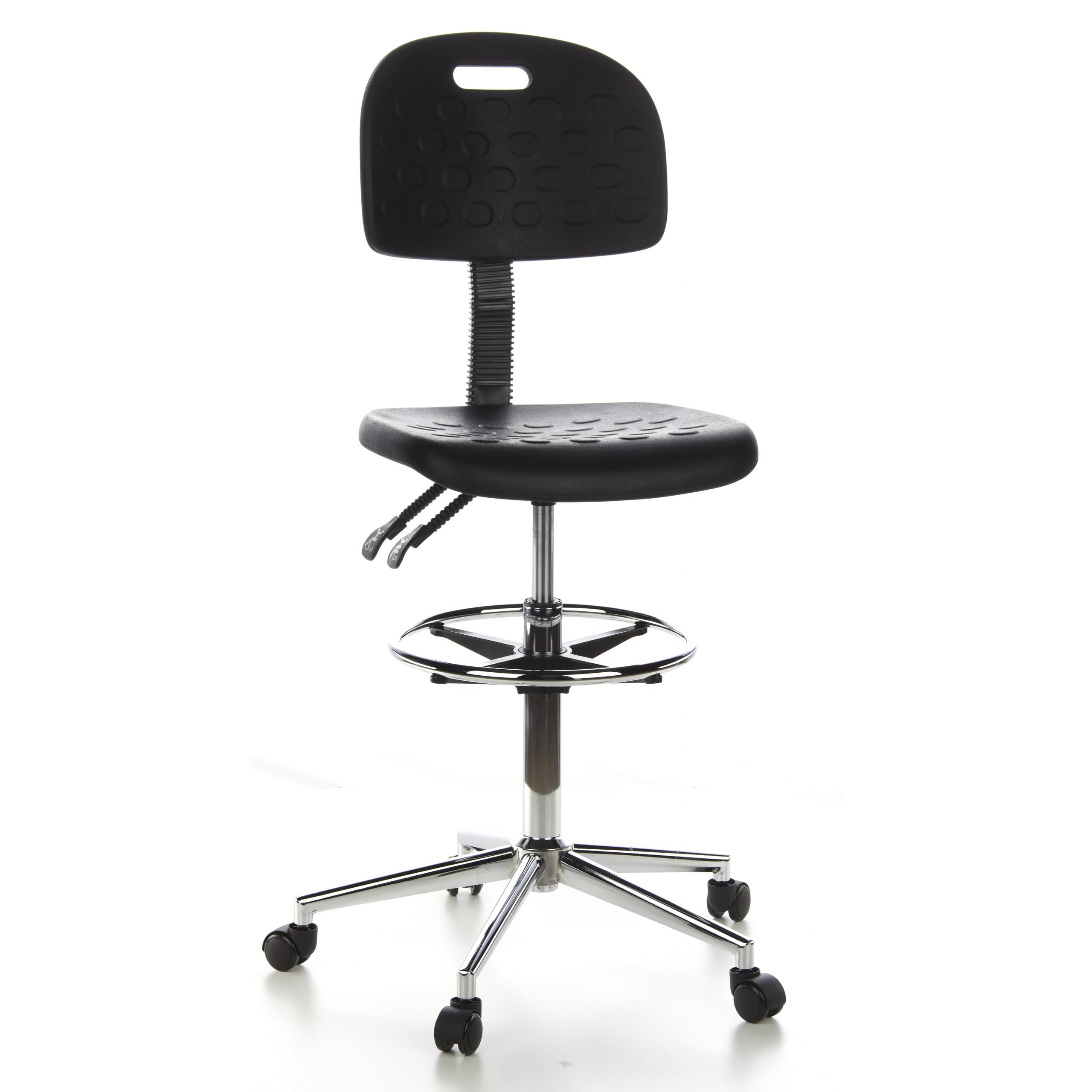 hjh OFFICE 665060 siège Technique, Tabouret de Travail Top Work 23 Noir en Mousse PU, Dossier réglable en Hauteur, piètement Robuste avec Repose-​Pieds, Hauteur réglable de 61 à 86 cm