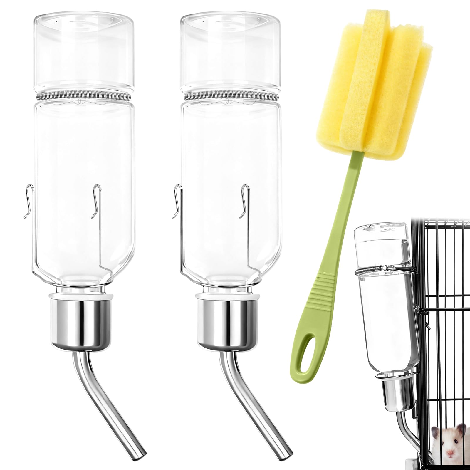 2 unidades de botellas colgantes para beber, botella para conejos, hámsteres y cobayas, bebedero seguro para roedores de 350ml con cepillo incluido, recipiente para beber para mascotas pequeñas