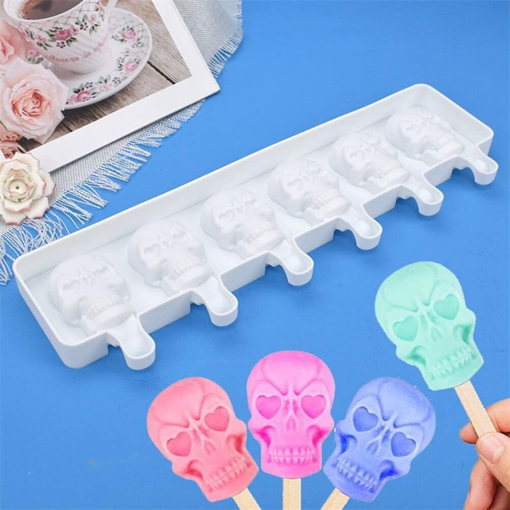 Cute Halloween Skull Shaped Popsicle Mold Silicone 6 Cavities Ice Pop Molds for Kids Adults Reusable Ice Cream Mold Cake Pop Molds Silicone Popsicle Molds Cake Cakesicle Mold for DIY Ice Pops C