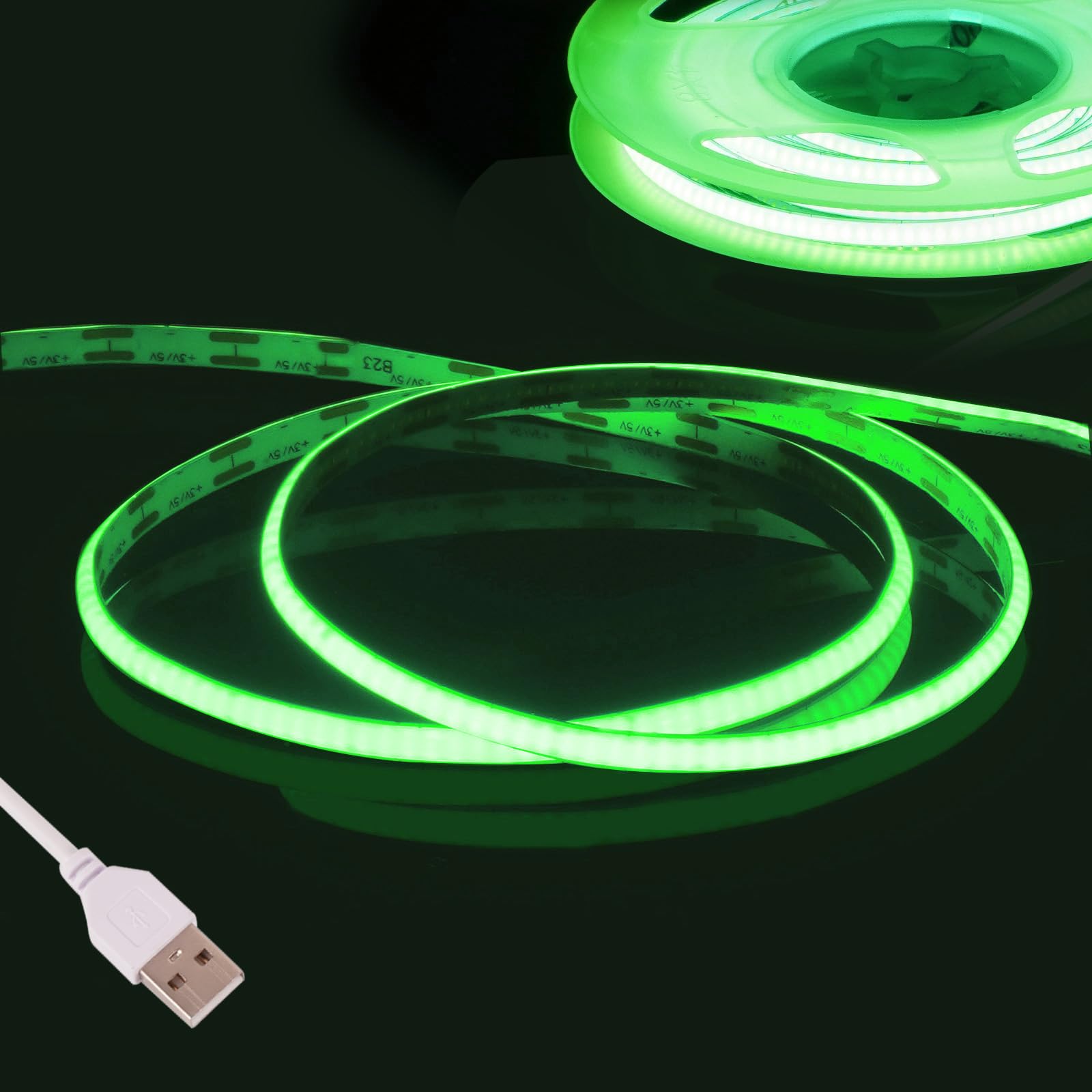 Fosingut Grün COB LED Streifen 3m, 5V USB LED Strip 2.7mm,CRI 90+ 960 LEDs Lichtleiste Lichterkette LED Band Selbstklebend Stripes für Küche,TV LED Hintergrundbeleuchtung,Spiegel,PC,Schlafzimmer