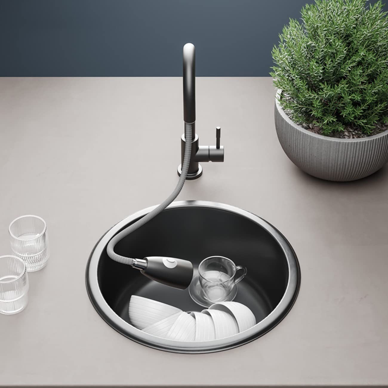 Lavello a barra singola in acciaio inox nero, per cucina, hotel, ufficio, dispensa, con tubo fognario, balcone, tavolo da bagno (nero, 36 x 36 cm)