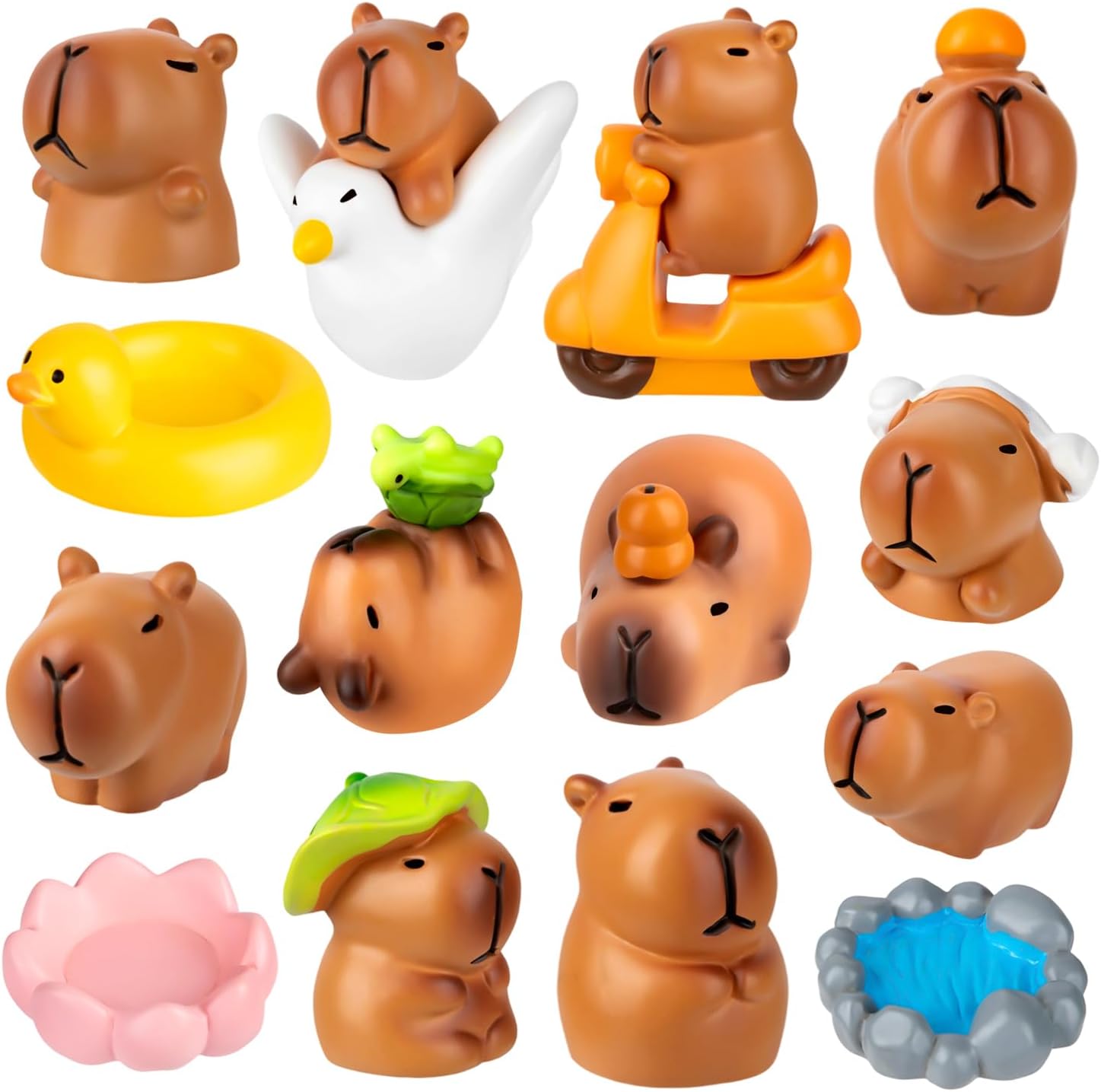 15 Pcs Mini Capybara Figurines Set Capybara Cake Toppers Resin Tiny Animals Figures with Accessories for Fairy Garden Dollhouse & Birthday Decor