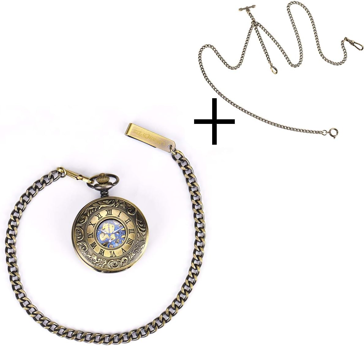 ManChDa Mechanical Roman Numerals Dial Skeleton Pocket Watches with Box and Chains for Mens Women