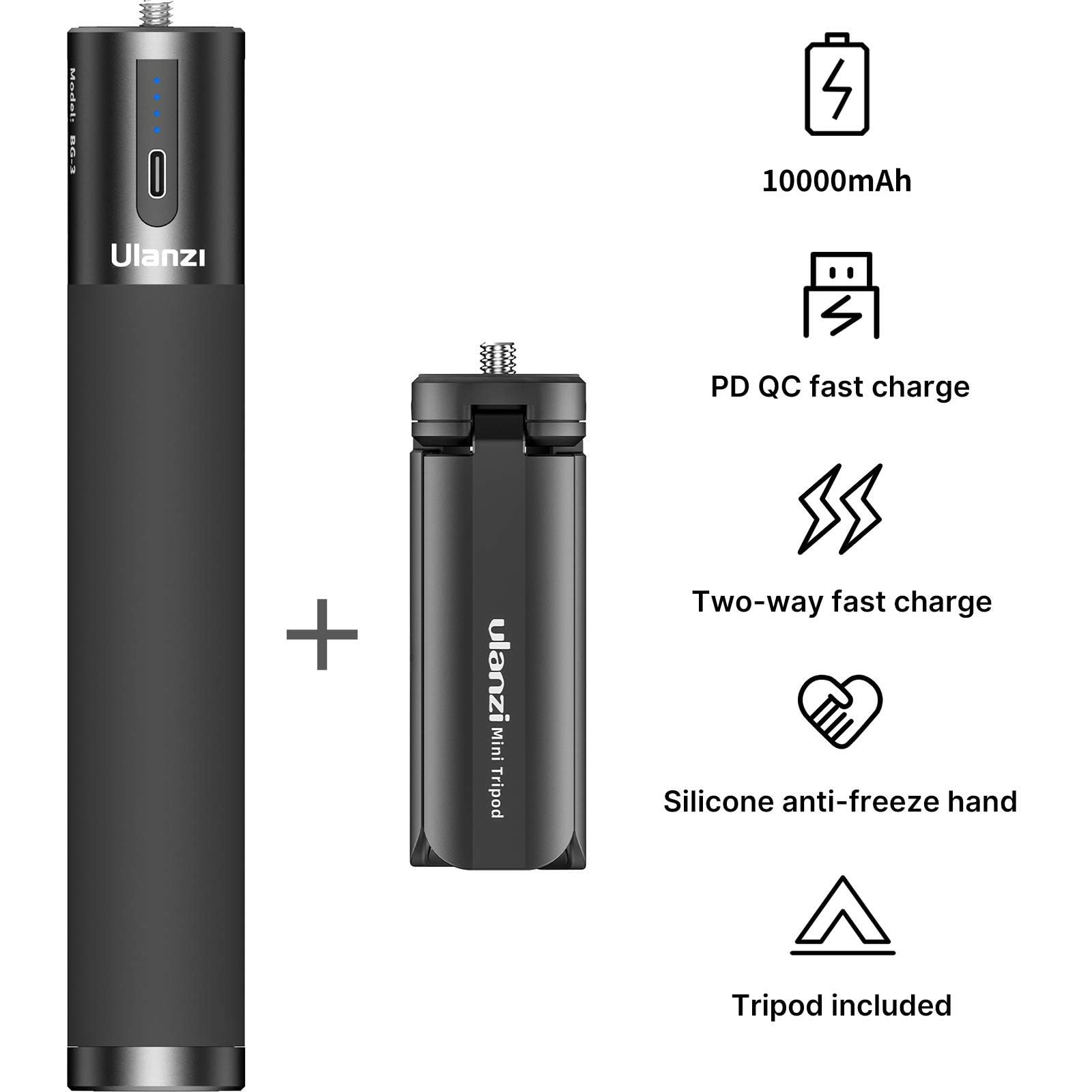 10000mAh Akkugriff, ULANZI BG-3 Batteriegriffe für Action Kameras, Externer Akku Powerbank mit Mini Stativ für Vlogging Kamera Live Streaming Filmmaking