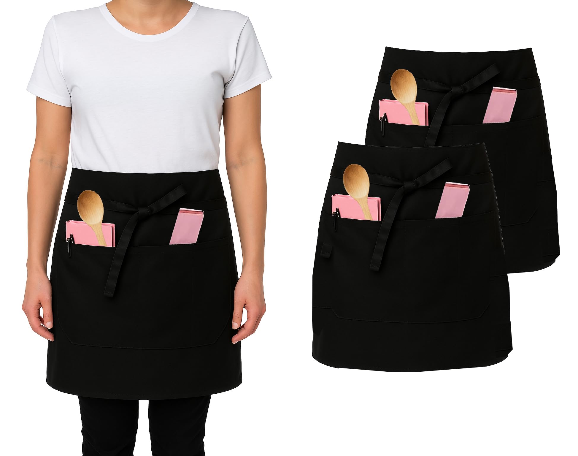 IBEX Unisex Short Waist Apron with 3 Pocket - Professional Catering, Restaurant, Bar & Kitchen Apron for Chefs, Waiters, Bartenders, Servers & Home Cooking - Black (Pack of 2)