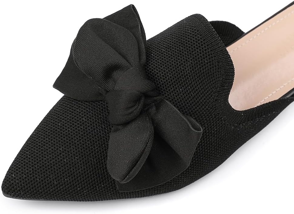 Black Flat Mules for Women,Pointed Toe Dressy Casual Loafers with Bow, Cushioned Insole & Easy-Slip Backless Design