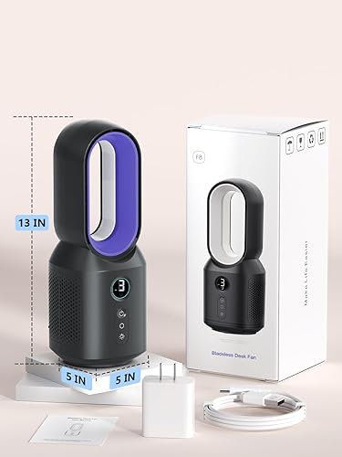 Miniatura 8 de let'me Ventilador de escritorio de 13 pulgadas, ventilador de mesa sin aspas, ventilador oscilante de 106 con control táctil con 3 velocidades y luz