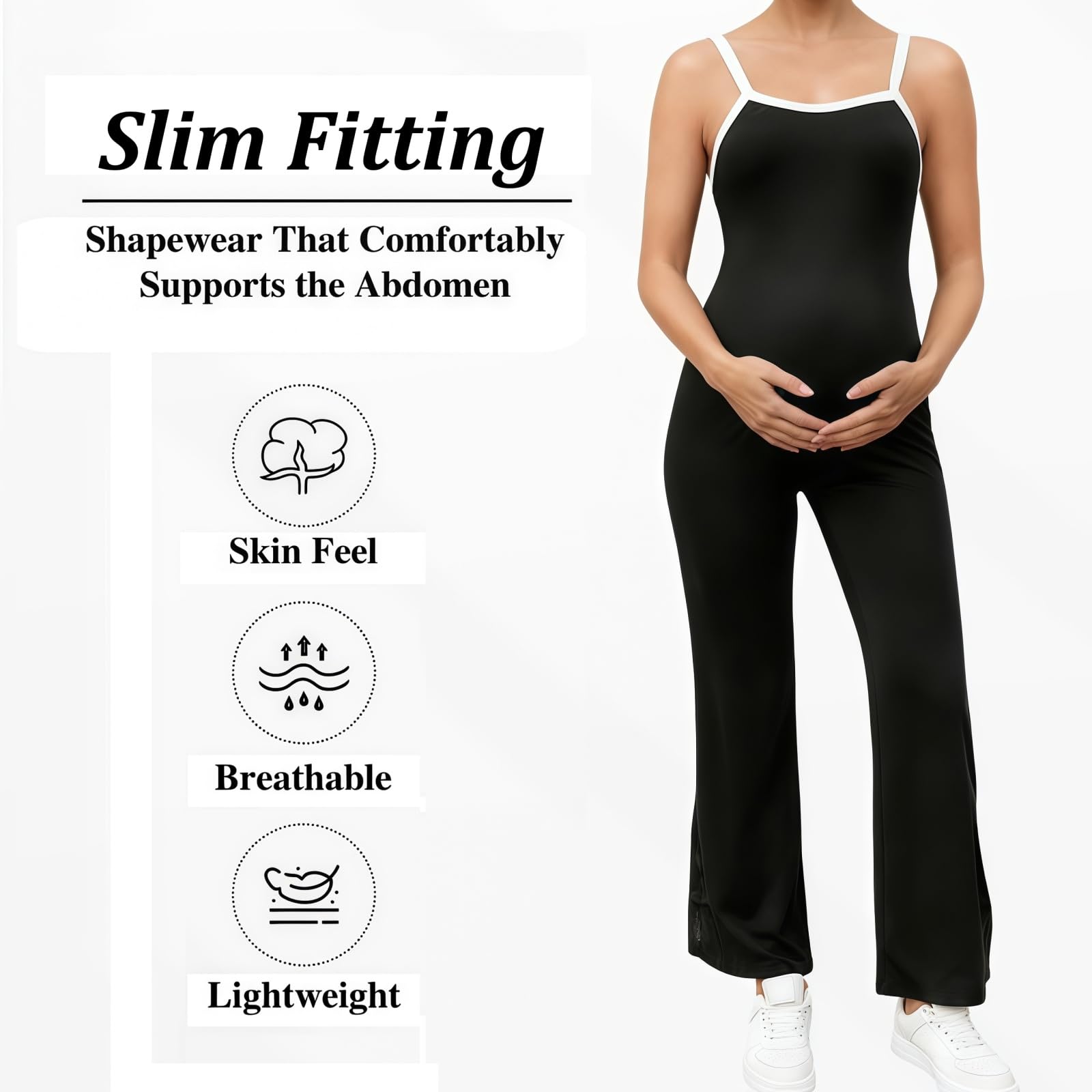 MANJIAMEI Ärmelloser Umstands Jumpsuit Schwarz Camisole Yoga-Jumpsuit Nahtlose Body mit Weitem Bein U-Ausschnitt Lang Sport-Overall Schmale Passform Freizeit Workout Freizeitkleidung
