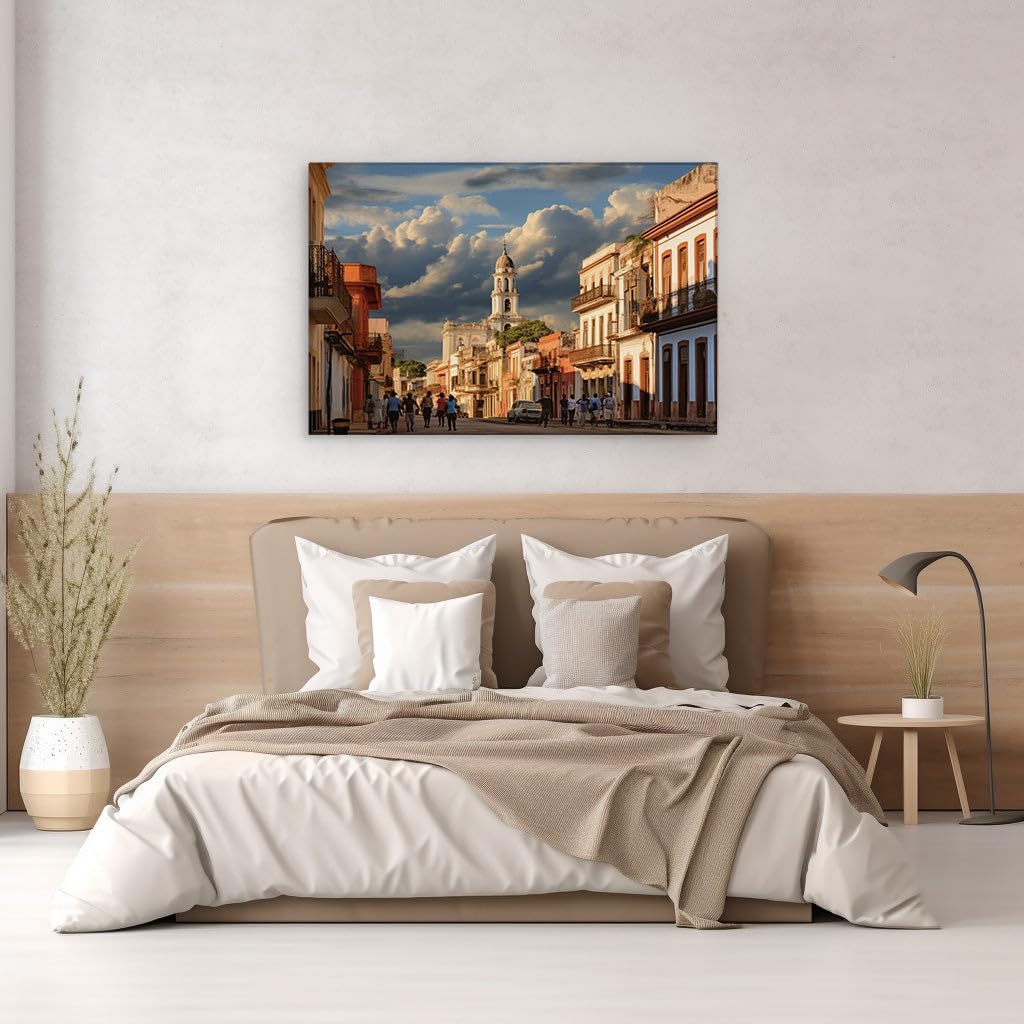 Canvas for Living room. Vivid Cuban Street Life: Colorful Buildings, Charming Chaos and the Imposing Church Tower, 27 x 18 inch Canvas Wall Art - Ready to Hang
