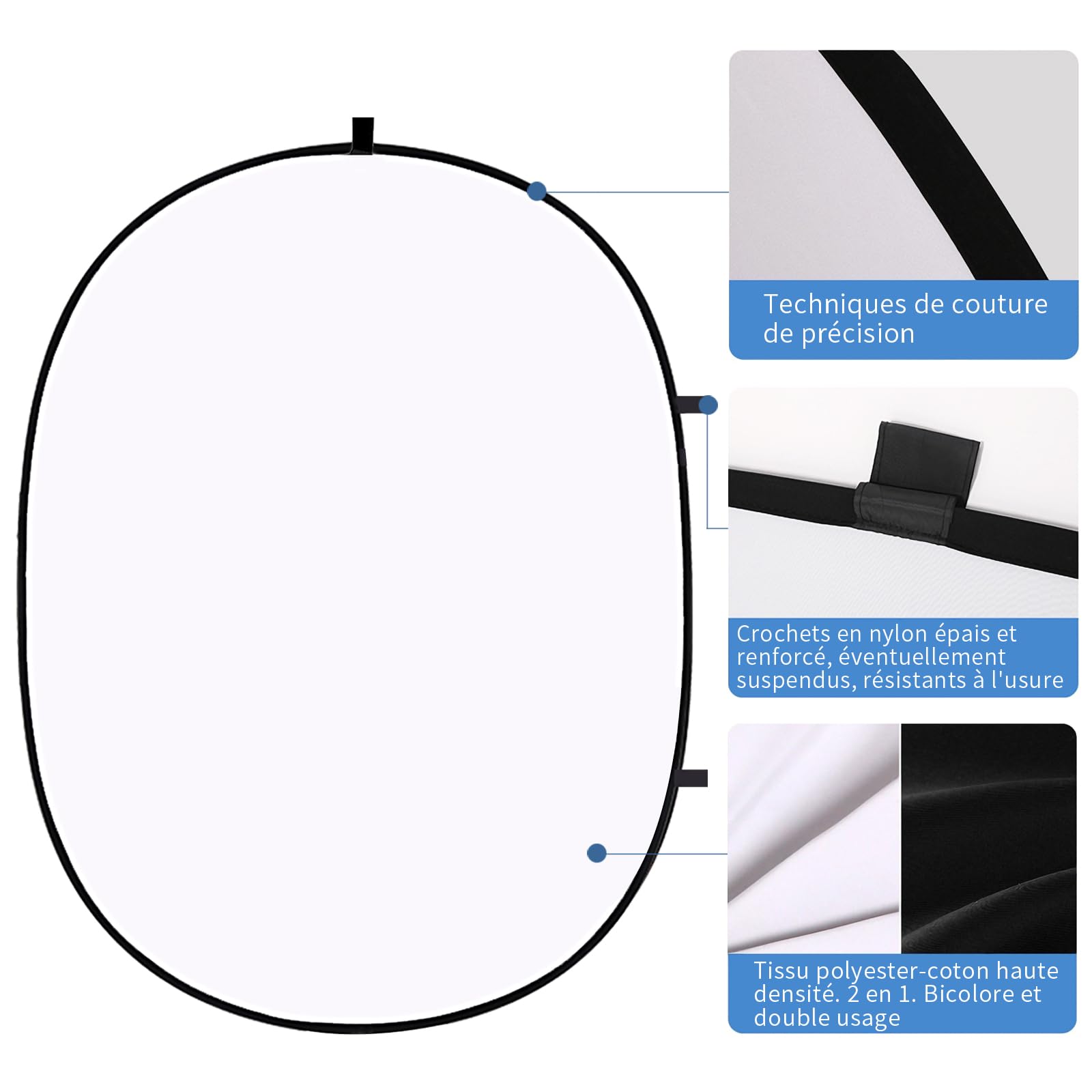 5X3.3ft (1.5mX1m) 2-en-1 Mousseline de Coton Noir et Blanc Double Face Multi-Taille Portable Pliable Photographie Prise de Vue en Direct Réflecteur Fond Sac à Dos de Transport