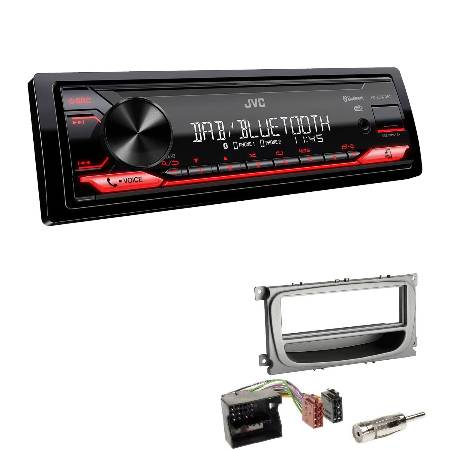 JVC KD-X282DBT 1-DIN Digital Autoradio DAB+ Bluetooth USB Einbauset passend für Ford Galaxy Facelift ab 2007 Silber