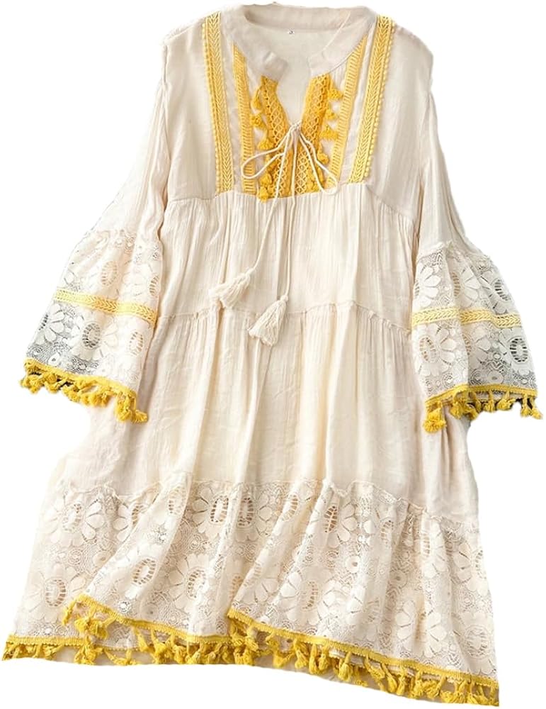 Women V-Neck Hollow Out Lace Tassel Loose Dresses Long Flare Sleeves  Vintage Dress Apricot Yellow S(4) at Amazon Women's Clothing store