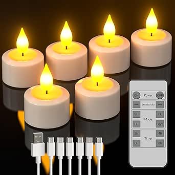 SoulBay 6pcs Rechargeable Tea Lights Outdoor Waterproof, Battery Flameless Electric LED Candles