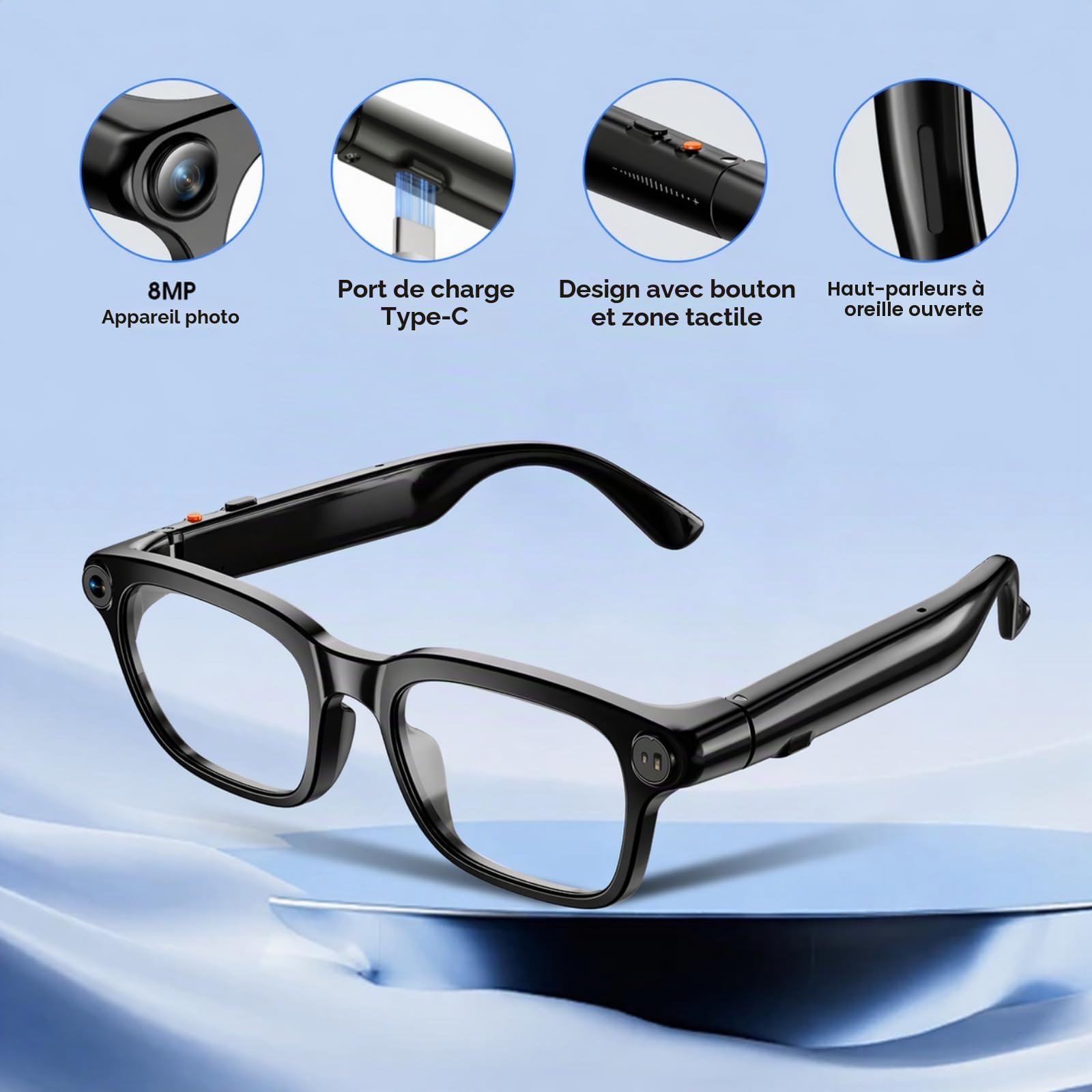 GenXenon Lunettes Connectées avec Caméra, Caméra 8 MP, Batterie 300 mAh, Charge USB-C, Prend en Charge l'enregistrement Vidéo 1080P, Photos et Assistant IA, pour Voyage, Camping (3 Paires de Verres)