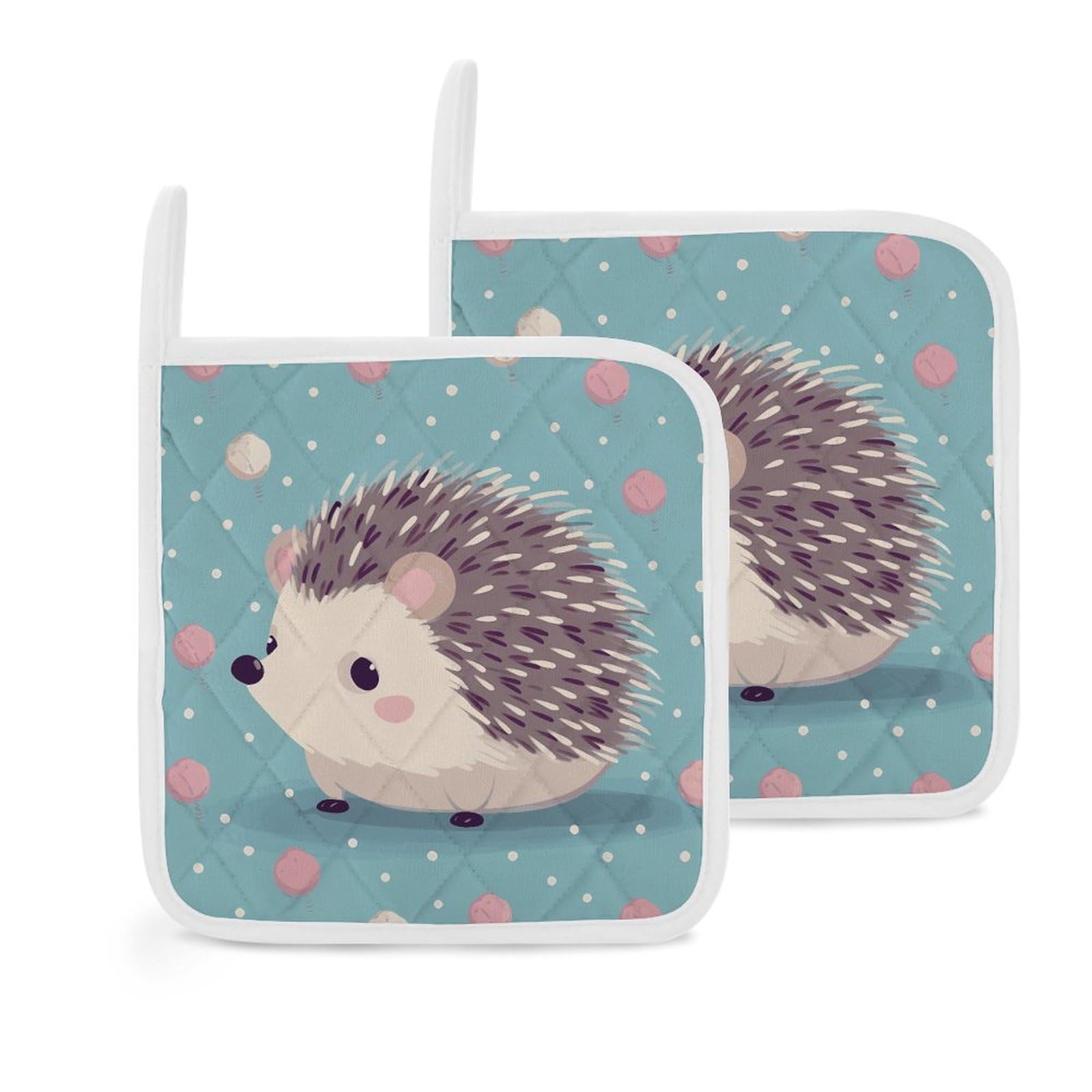 Btcowzrv Style Hedgehog Polkadot 2 Pack Pot Holders For Kitchen, Heat Resistant Potholder Set With Hanging Loops, Hot Pads For Oven Baking Cooking