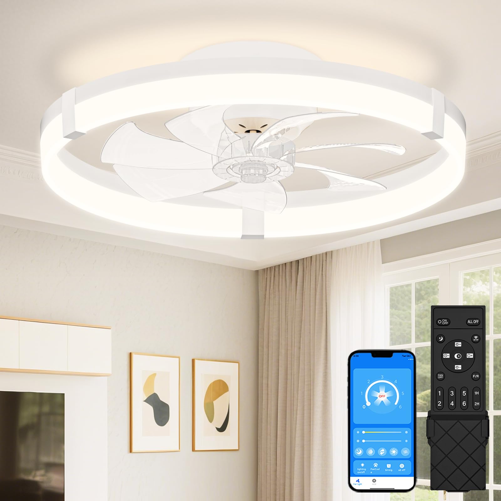 Photo 1 of VOLISUN Low Profile Ceiling Fans with Lights and Remote, 20in Flush Mount Ceiling Fans with Light, 3000K-6500K Dimmable Fandelier Ceiling Fan, White Bladeless Ceiling Fan for Bedroom