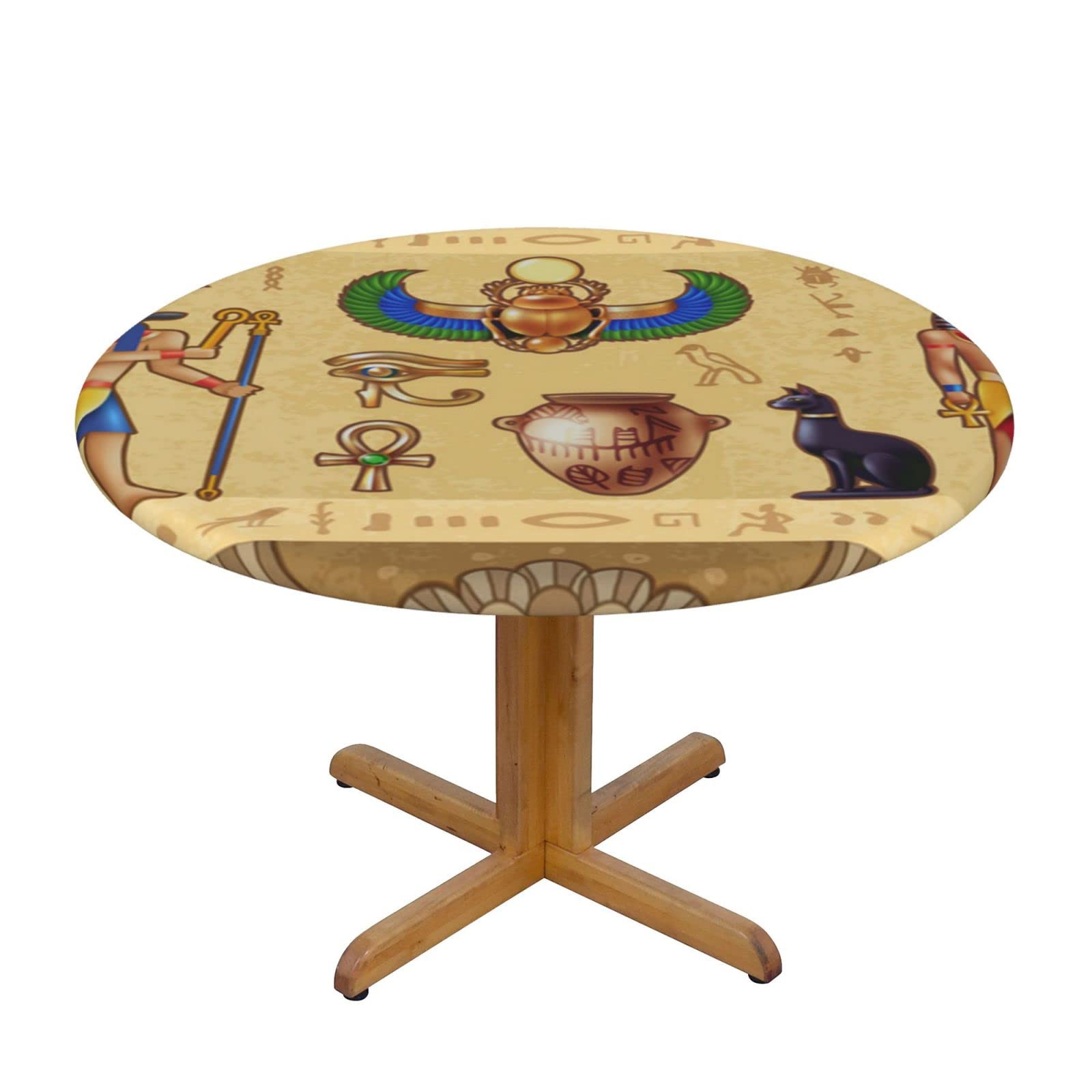 Lsjuee Round Fitted Tablecloth 45-50in Elastic Edged Table Cloth for Kitchen Dining Party Home Decor - Ancient Egypt Pharaoh Anubis Golden