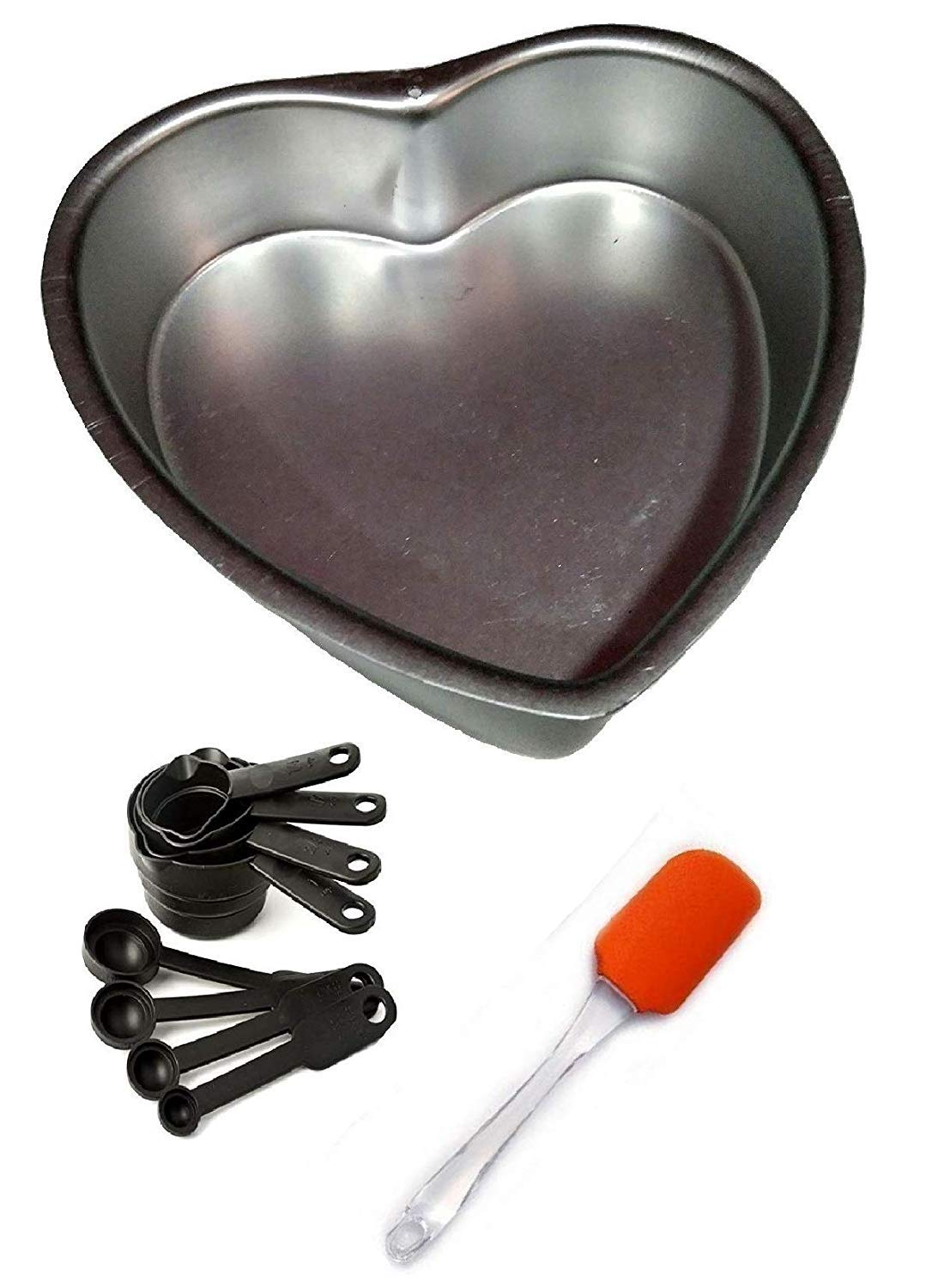 Bakers Paradise Combo Aluminum Cake Mould 1kg Heart with Set of Four Measuring Spoon and one Silicone Spatula.