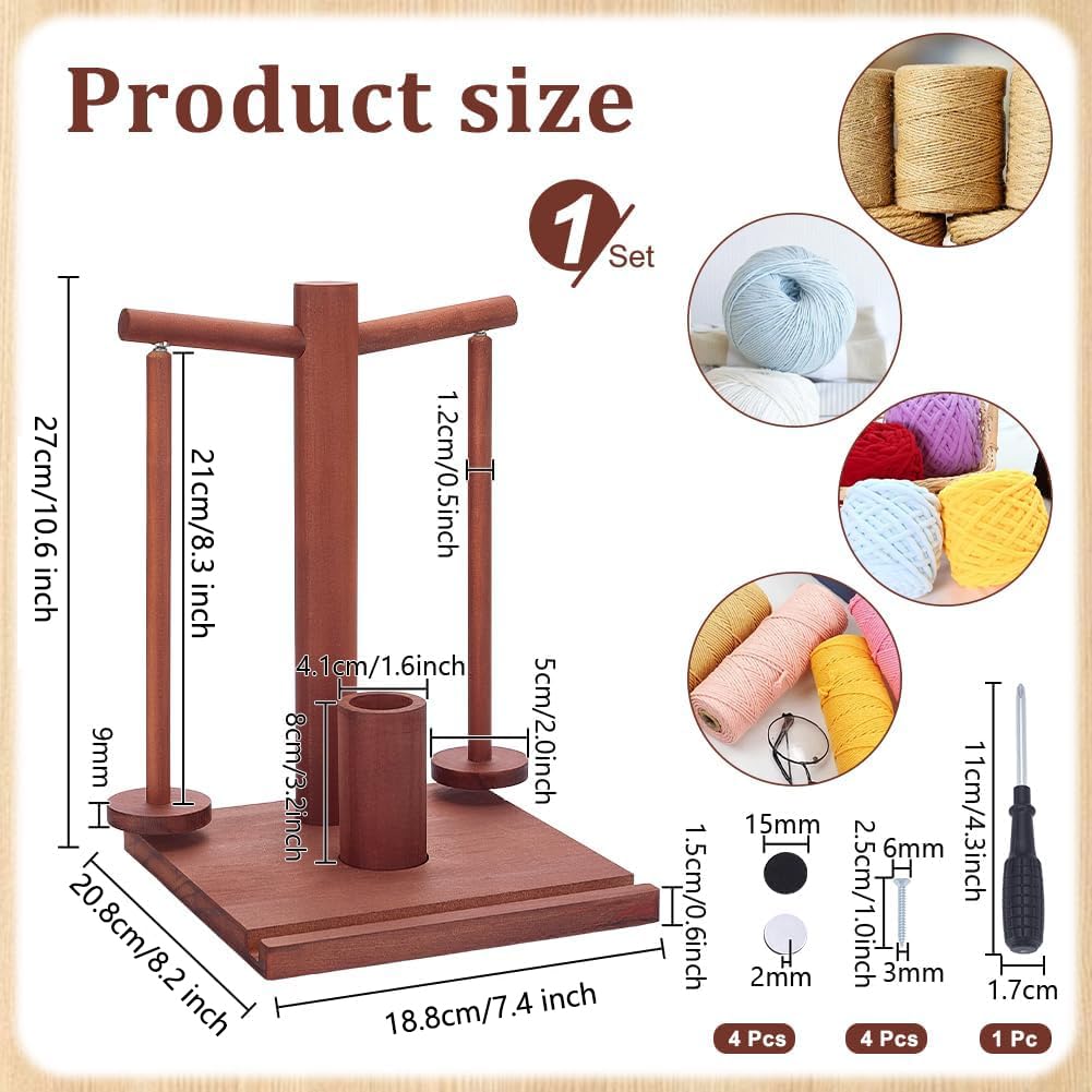 PH PandaHall Porta Filato Doppio in Legno Supporto per Gomitoli di Filato per Uncinetto e Maglia, Rosso Scuro Filatore Stabile con Base Organizer per Riporre Filati per Lavori Artigianali in Casa