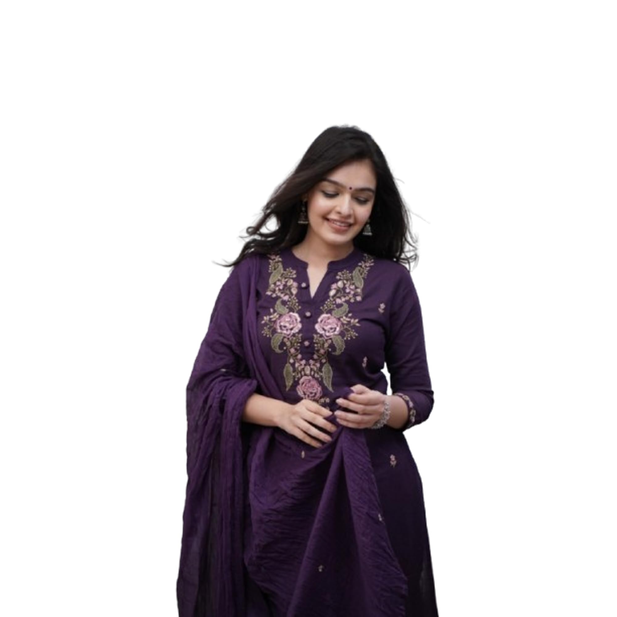 Womens Embroidered Purple Kurta Set with Dupatta 3 Piece Traditional Ethnic Wear Floral Design
