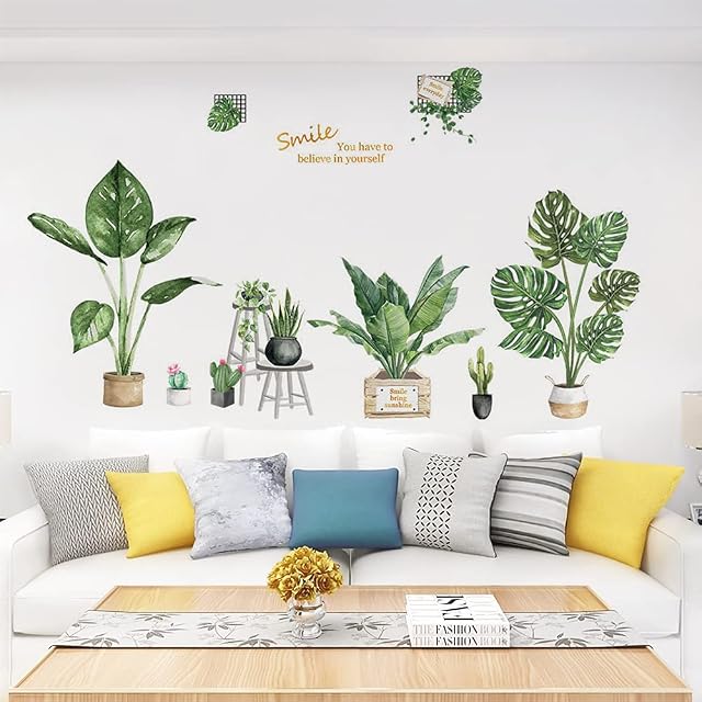 Green Plants Wall Stickers, Green Tropical Leaf Cactus Flower Removable Waterproof PVC Murals Paper, DIY Wall Art Decor Home Decorations for Living Room Bedroom, 130x 58cm