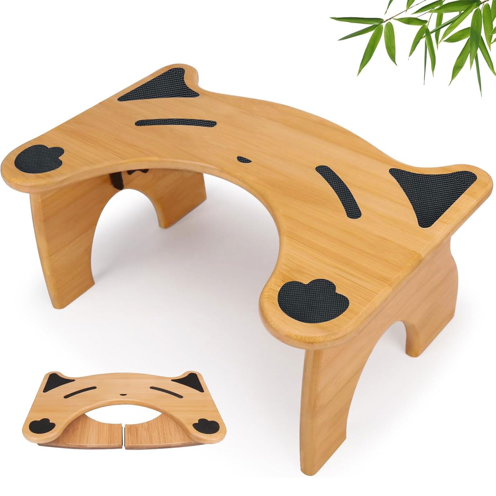 Bamboo Cat Design Folding Bath Stool Large Non-Slip Stool for Adults and Seniors Space Saving (Natural)