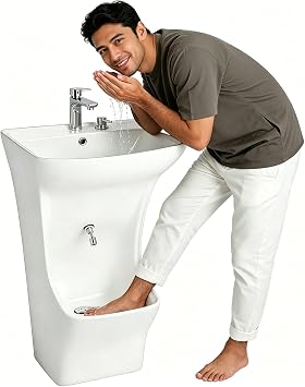 Vertical Ceramic Wash Basin, 2 in 1 Muslim Freestanding Wudu-Sink with Dual-Stage Faucet & Foot Bath for Home, Mosque, Bathroom,Hand Washing, Foot Washing, with Full Set of Accessories,A