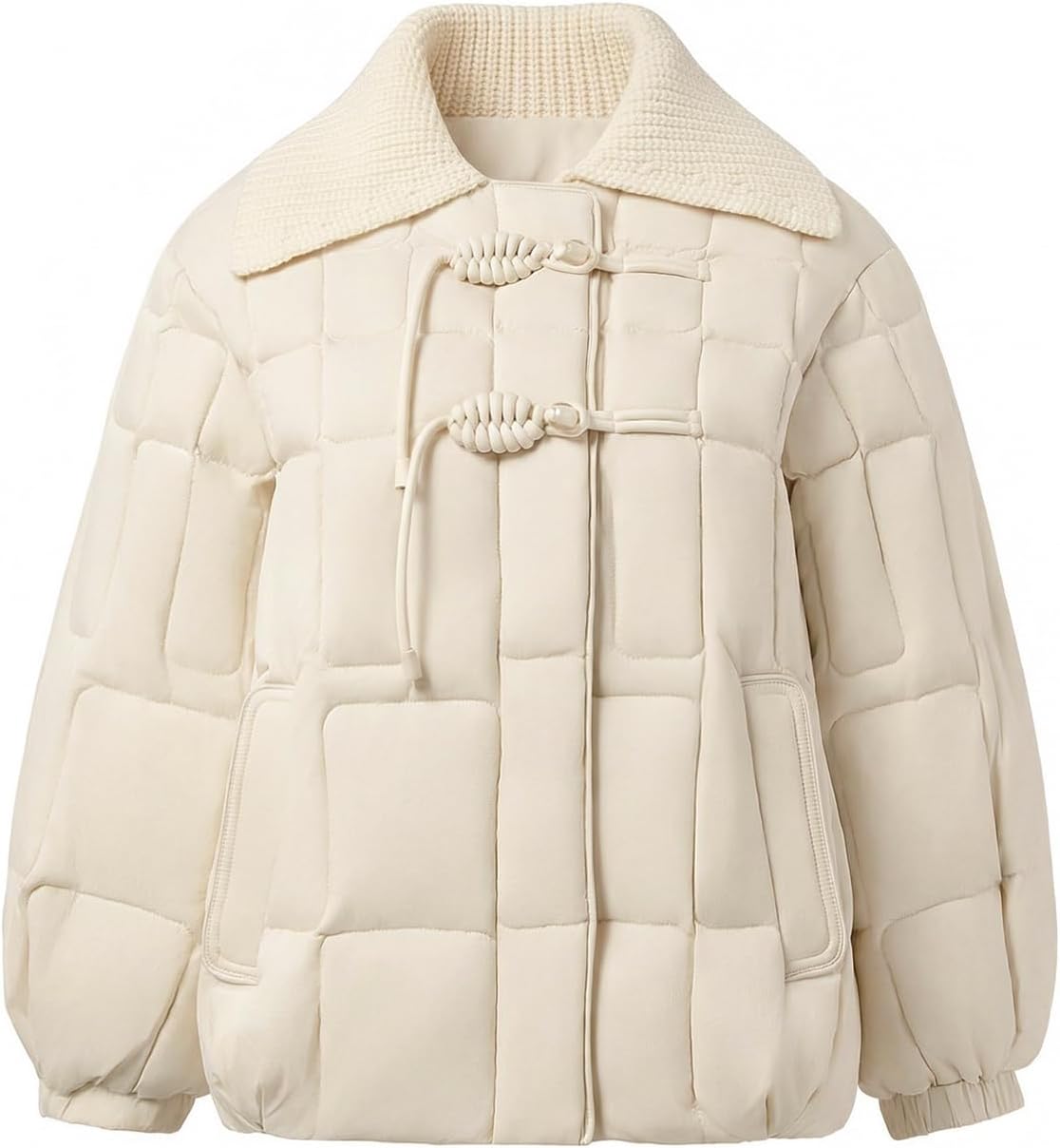 Girls' Down Jacket Spliced Knitted Collar Short Down Jacket Frog Button Quilted Winter Warm-keeping Jacket