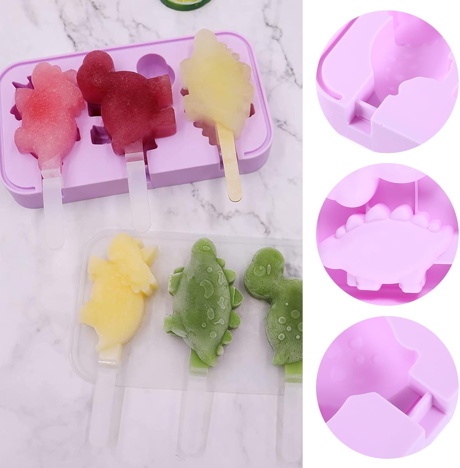 Dinosaur Silicone Ice Pop Molds with Lids and 6 Sticks Set