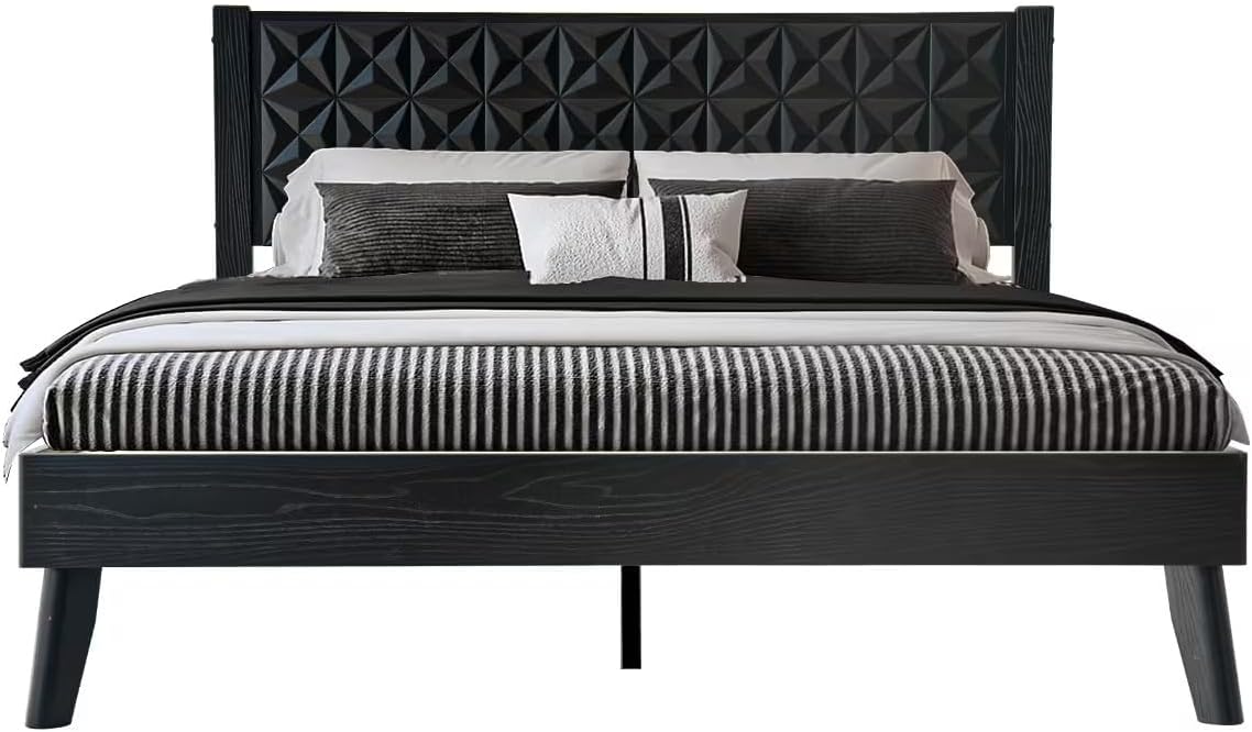 King Size Platform Bed Frame with Solid Wood Headboard & Footboard, 12 Sturdy Slatted Base with Central Metal Legs, Noise-Free & Slip-Free, Easy Assembly, No Box Spring Needed, Ebony Oak Finish UPK-35