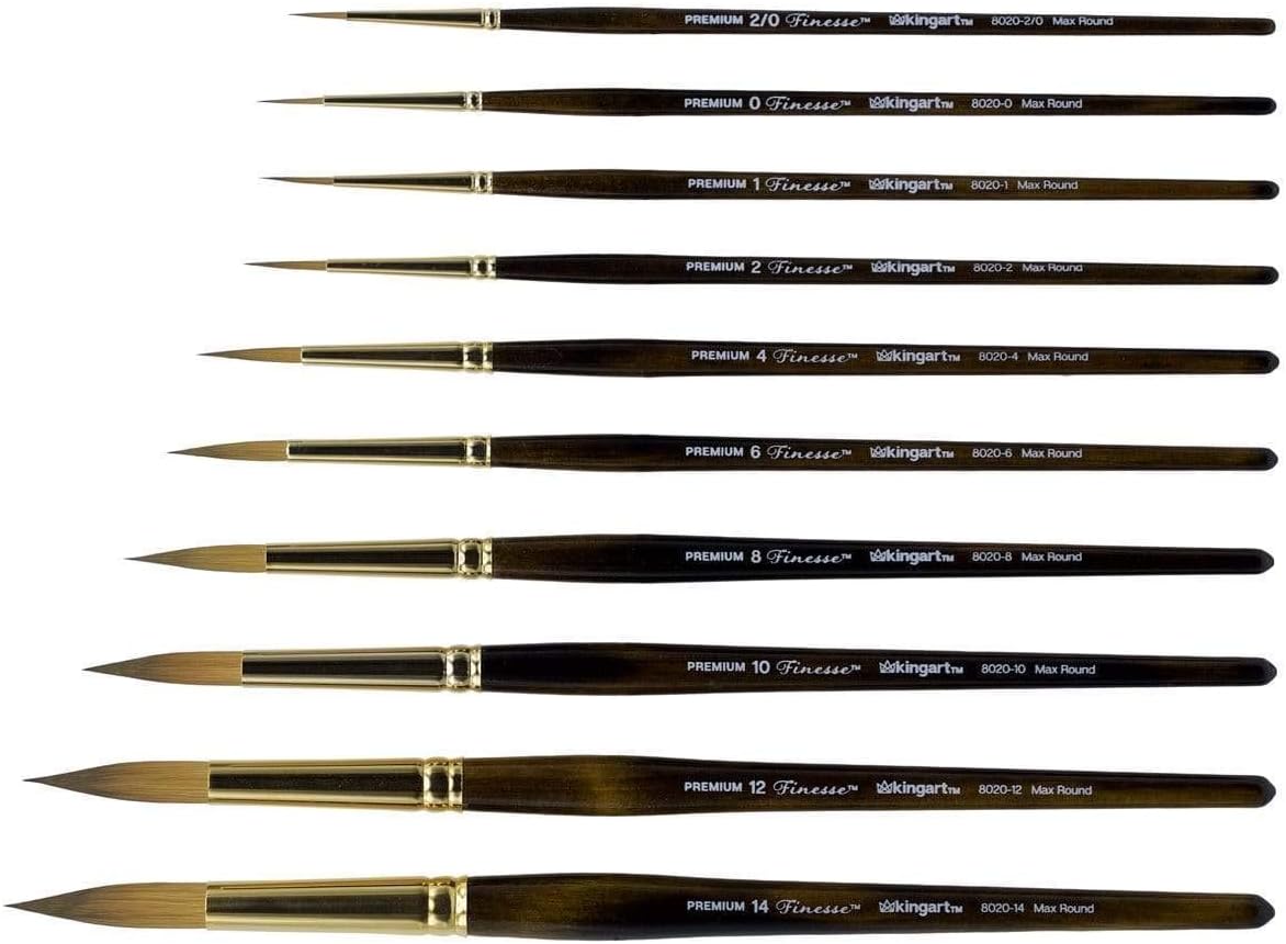 KINGART 1010C Premium 10 Pc. / Sizes Finesse 8020 Series Ultra Round Watercolor Artist Brush Set, Synthetic Kolinsky Sable Blend, Short Handle, Gift Boxed